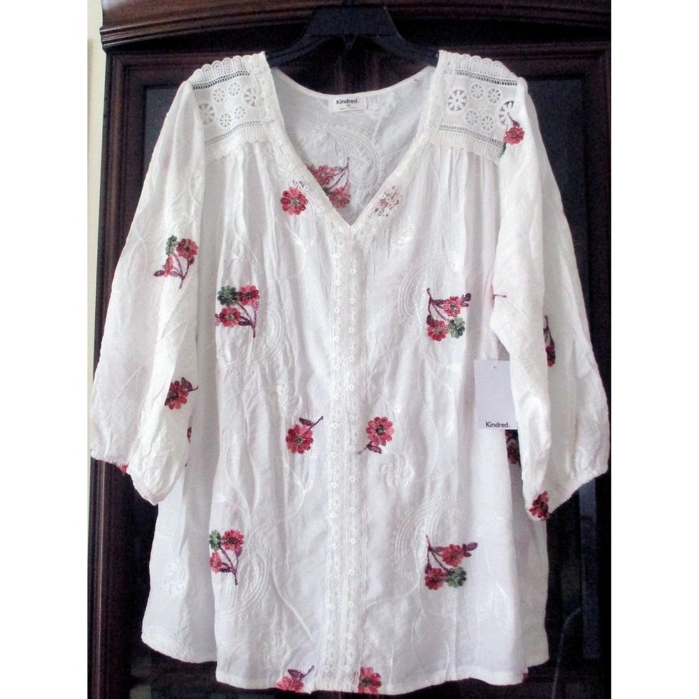 Anthropology Kindred Floral Cottagecore Peasant Lace Trim V-Neck Blouse Large